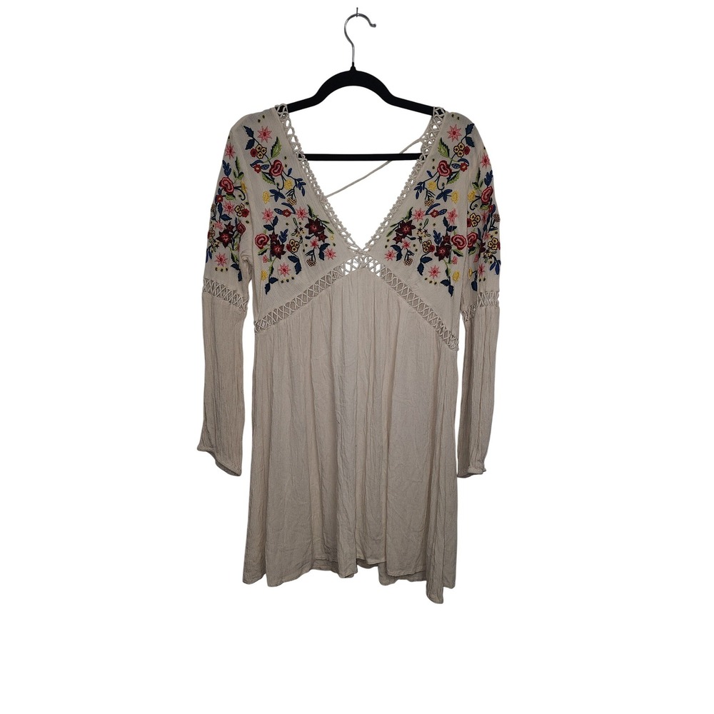 En Creme Women Cream Floral Embroidered Long Sleeve Mini Dress ED14468UL Medium‎